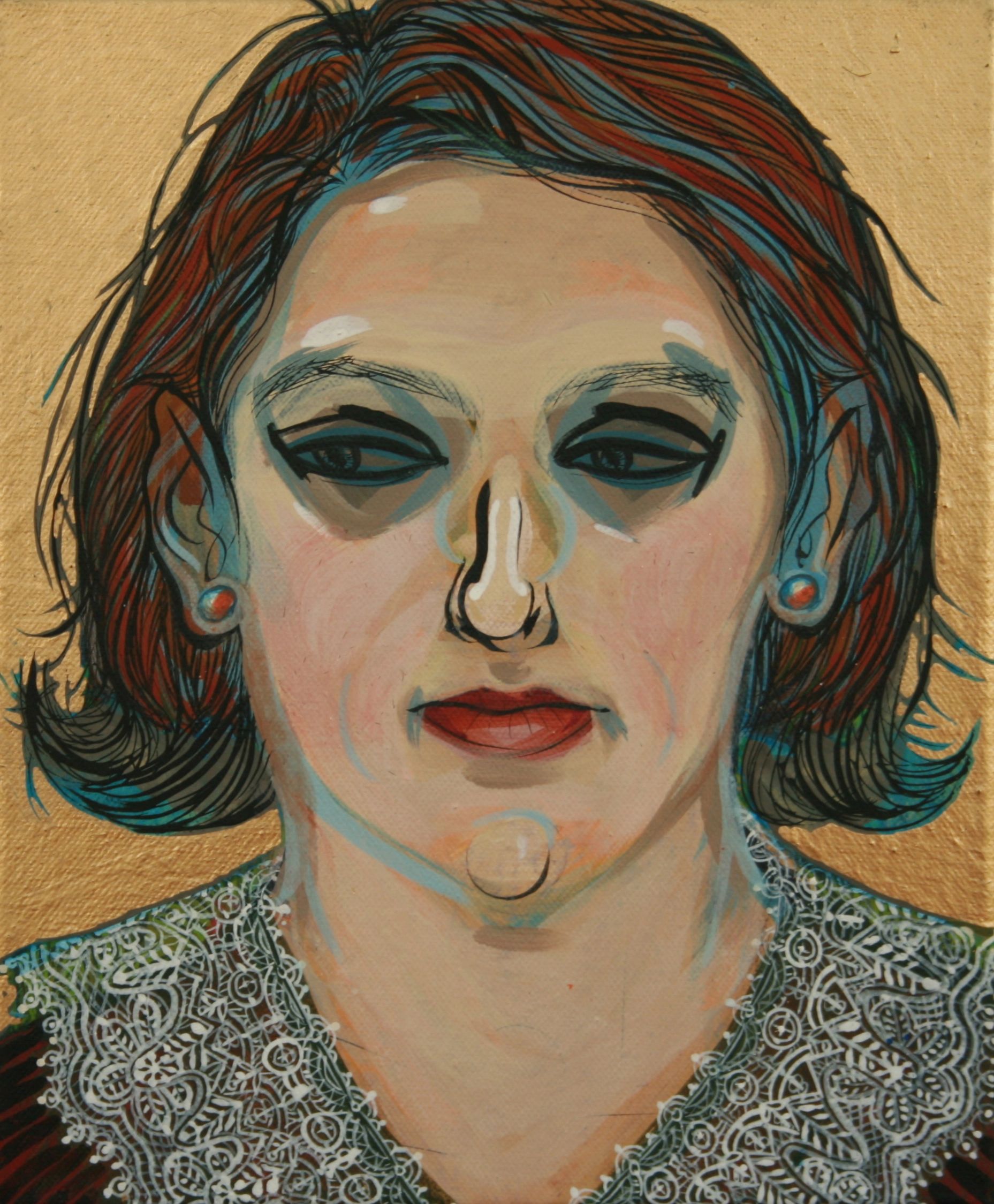 Wearing Lace Collar Looking Askance, gouache, acrylic & metallic ink, canvas, 25x35 cm, 201