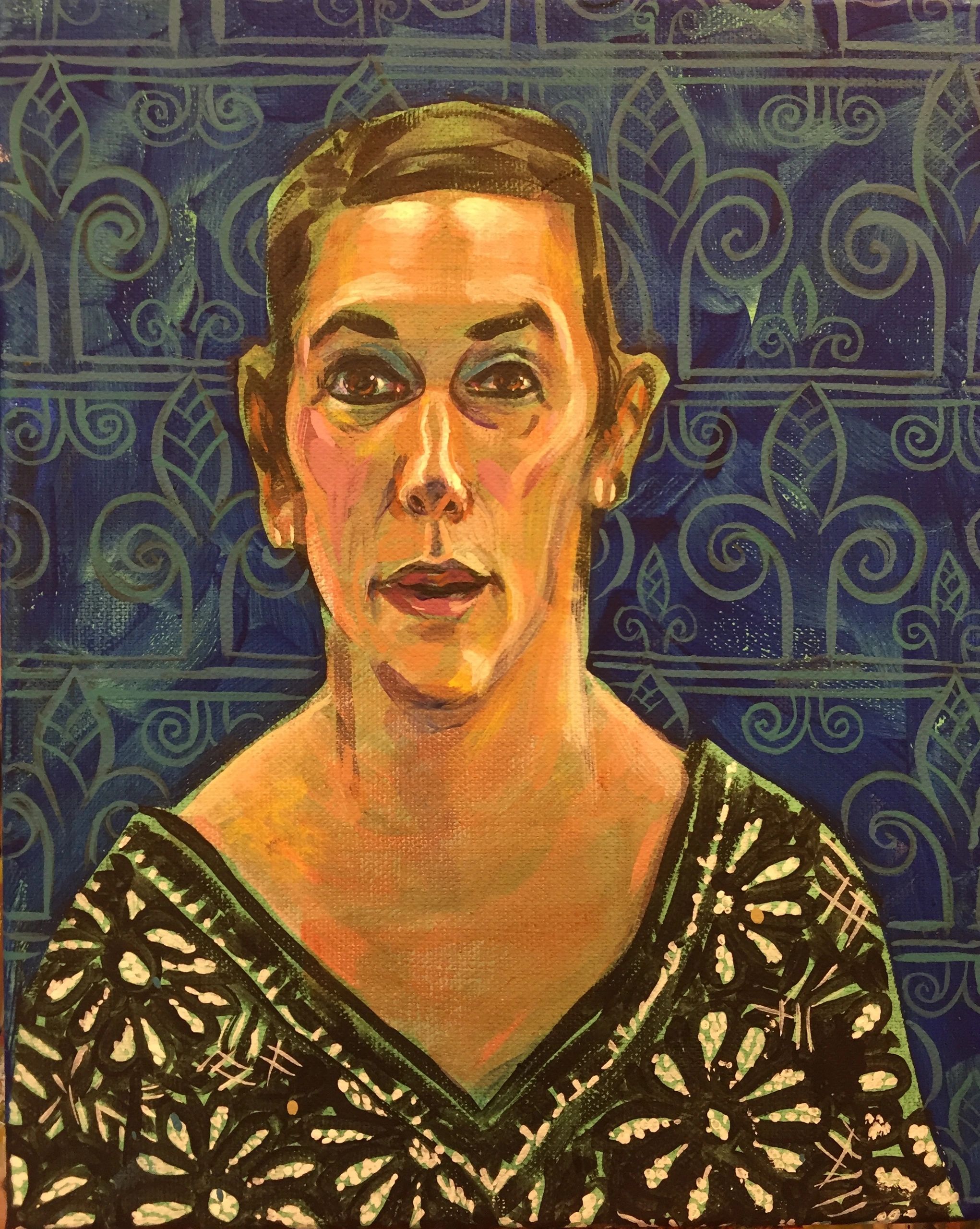 Portrait with Egyptian Wallpaper, gouache & acrylic on canvas, 25x35 cm, 2020