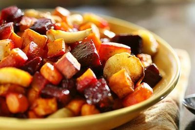 Roasted beets, sweet potato, turnips, garlic, butternut squash, potato, and red onion in olive oil,