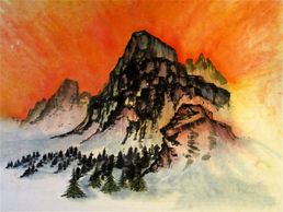 a painting of a mountain in snow with pine trees in the foreground and a vibrant orange sky