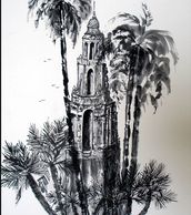 a black and white painting of the California Tower in Balboa Park in San Diego