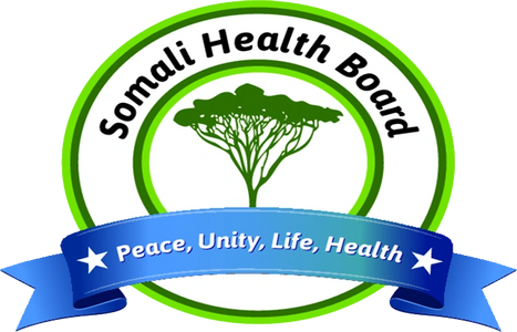 Somali Health Board Logo - Green tree with banner saying "Peace, Unity, Life, and Health"