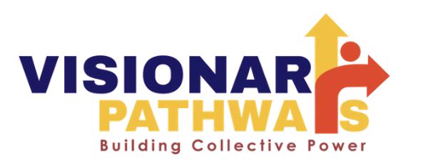 Visionary Pathways Logo - Blue, Yellow, and red letters with tagline - "Building Collective Power"