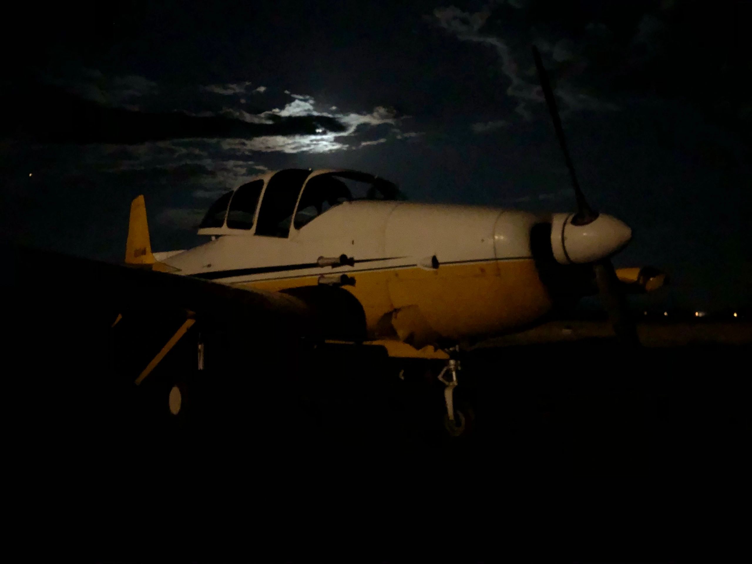 A client's 1950 Navion at a fuel stop on a night cross country flight.