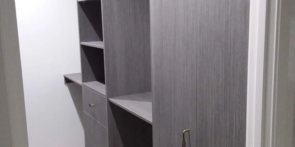 wardrobe solid melamine grey functional storage drawers shoe rack hanging polyurethane luxury