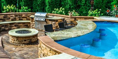 Swim Up Bar, Firepit, Built In Grill, Custom Pool Canton Ohio
