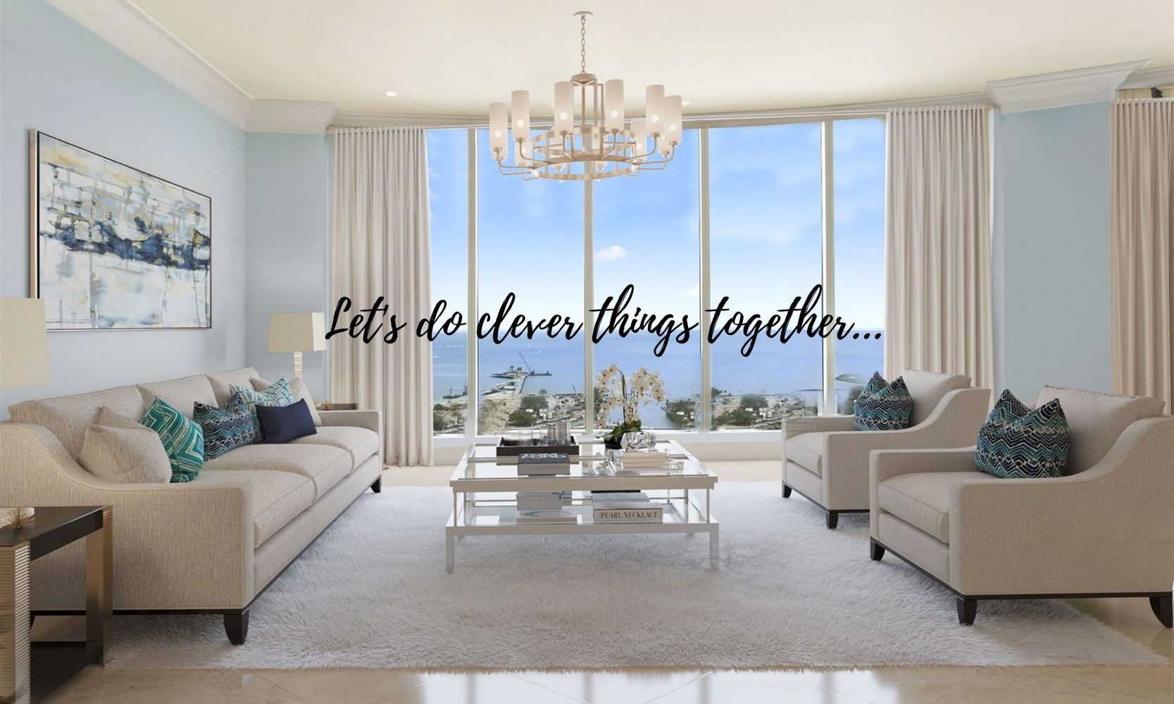 Virtually staged living room. Modern chic interior design. Capturing potential buyers attentions.