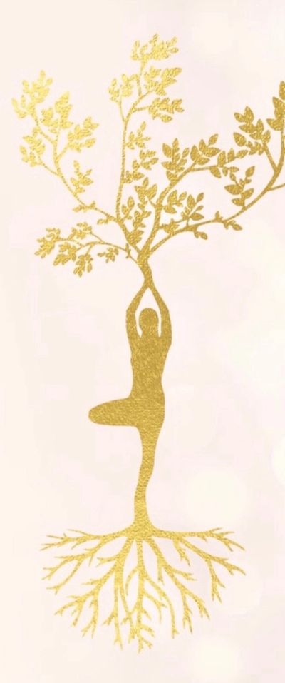 Tree pose with roots from feet to ground and branches extending from hands.