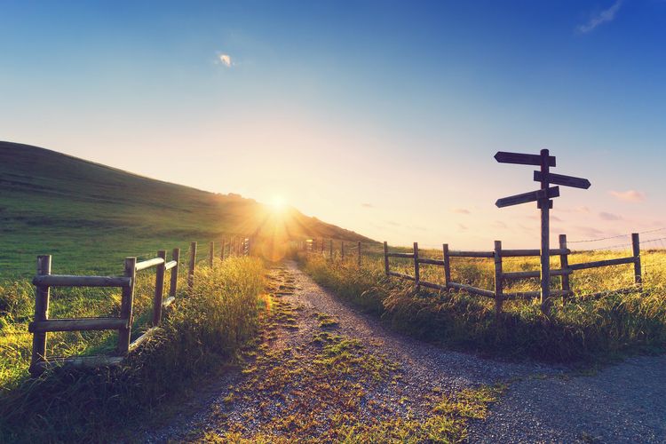 Path leading into green hills with sun rising a signpost with three signs pointing different ways