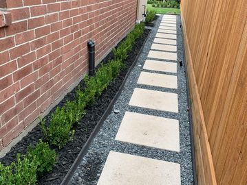 Pavers 24x24 walkway with that black star gravel gives a nice finishing at end
