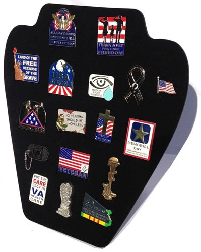 Patriotic pin fundraising display for veterans, museums and other not-for-profit groups.