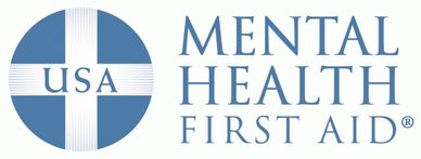 a blue and white logo with the words mental health first aid