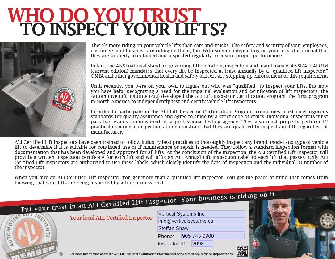 Who do you trust to inspect your lifts
Qualified auto hoist inspector
all makes and models