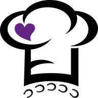 Happy Trails Kitchen logo - a chef's hat with a purple heart in it and 5 horseshoes underneath the h