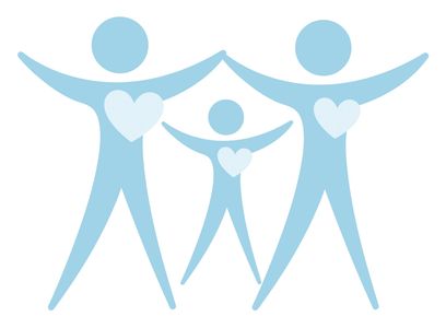 Blue silhouette family holding hands with hearts on chests symbolizing love.