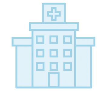 Blue hospital building icon with a medical cross.