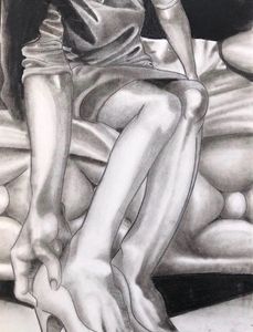 Early charcoal drawing of a lady touching her shoe as if to take it off or perhaps put it on?