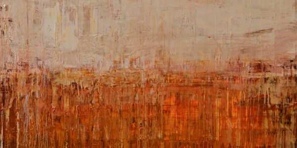 Large square warm colors, red, orange, white, beige abstract contemporary painting with texture.