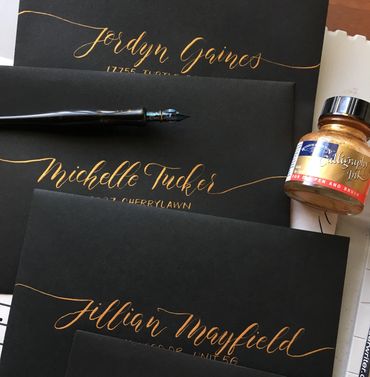End-to-end calligraphy script that flows with block address for this engagement party invitation