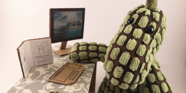 Doppy at his desk in the rehoming centre