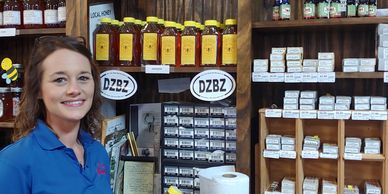 Bees Bees local raw honey on the shelf at Burneys Hardware.