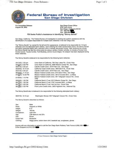 A 2002 FBI press release seeking the public's assistance in capturing the Skinny Bandit.