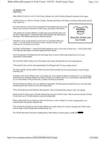 North County news article describing the Skinny Bandit series of robberies in San Diego, 2002.