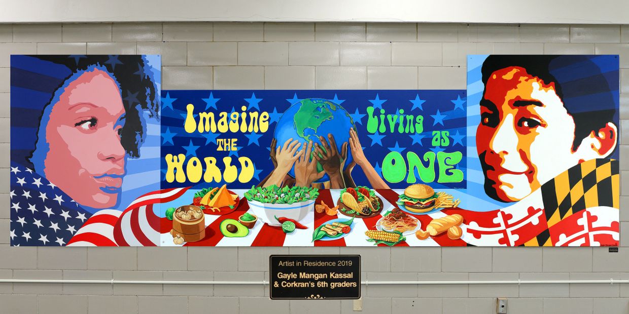 "Living as One" Collaborative Mural, 16 x 5ft, acrylic on Celtec PVC panels 
©Gayle Mangan Kassal