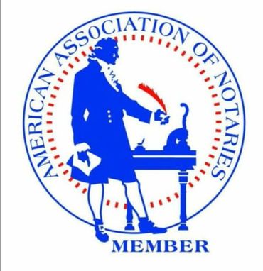 Logo of the American Association of Notaries with a historical figure and quill.