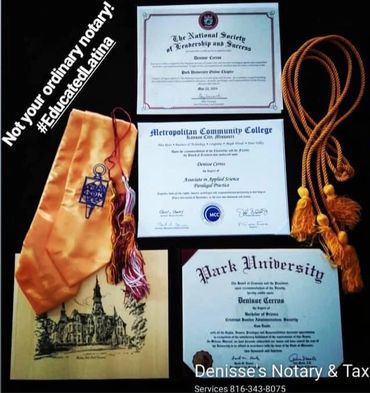 A collection of diplomas, a graduation stole, tassels, and a notary seal.