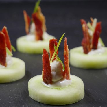 Cucumber Cups with Blue Cheese and Bacon. (Or blue cheese and spring onion) Canapes