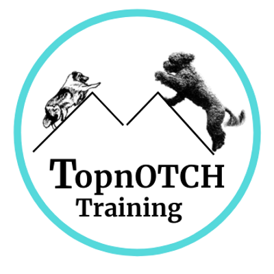 Business logo with Sheltie on left and Portuguese Water Dog on right each climbing to a pinnacle