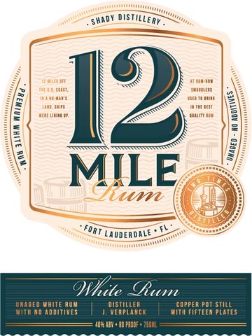 Label for 12 Mile Rum, a premium white rum from Shady Distillery in Fort Lauderdale.
