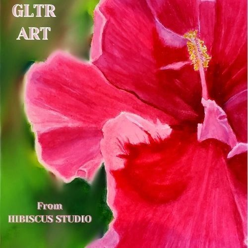 Digitally altered watercolor of a dark pink hibiscus, that represents Hibiscus Studio, the name arti