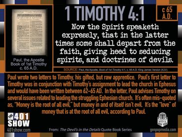 1 Timothy 4:1. Now the Spirit speaketh expressly, that in the latter times, some shall depart ...