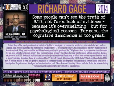 Richard Gage, AIA, AE911Truth.org. Quote on cognitive dissonance about 9/11. 401 Quote Cards.