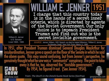 William E Jenner Quote. 1951. "I charge that this country today is in the hands of a secret inner ..