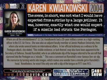 Lt. Col. Karen Kwiatkowski, U.S.A.F. 9/11 Quote: Pentagon was hit by a missile. 401 Quote Cards.