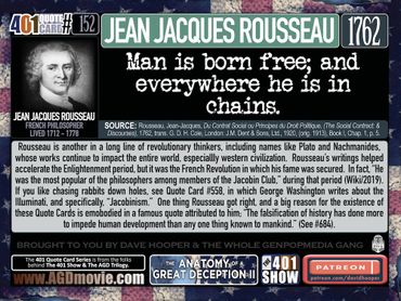 Man is born free; and everywhere he is in chains. Jean Jacques Rousseau. 1762. 401 Quote Cards.