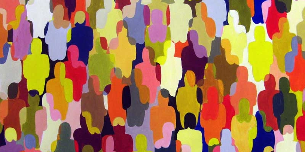 Abstract crowd of colorful faceless figures.