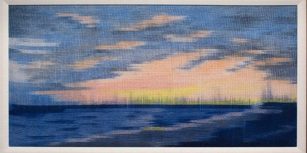 EVENING TIDE
Hand dyed handwoven bamboo yarn. "Double ikat" technique.  Stretched and framed.  22"x4