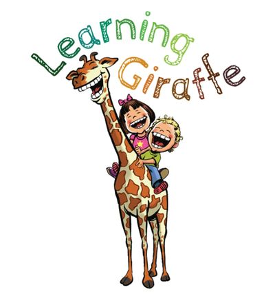 Learning Giraffe logo. Illustration of a laughing boy and girl riding a laughing giraffe.