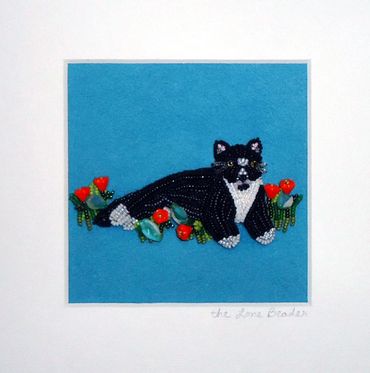 Custom Beaded Tuxedo Cat Fancy Flowers Mini Pet Portrait Gato Beads Beadwork feline art gift idea