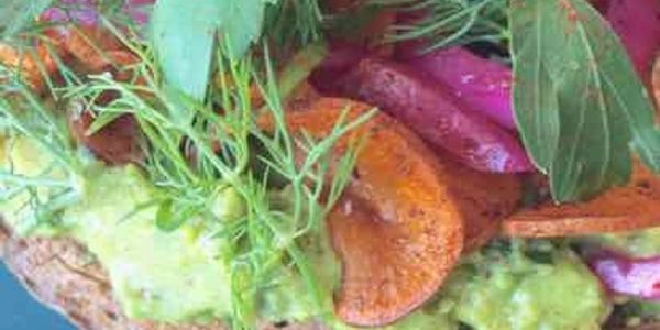 Avocado Toast topped with Pickled: Carrots, Beets, Radish, Red Onion with Fresh Dill and Cilantro.