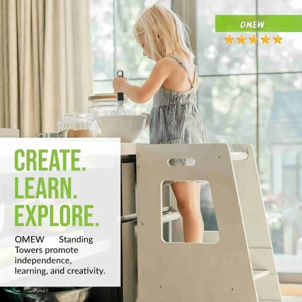 OMEW Standing Tower — child using tower in kitchen, Create Learn Explore