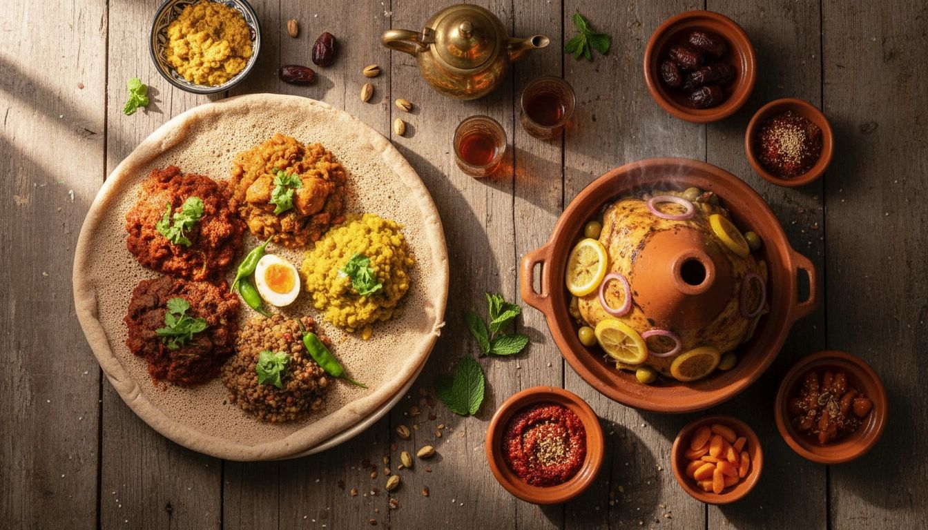 Eritrean and Moroccan food spread
