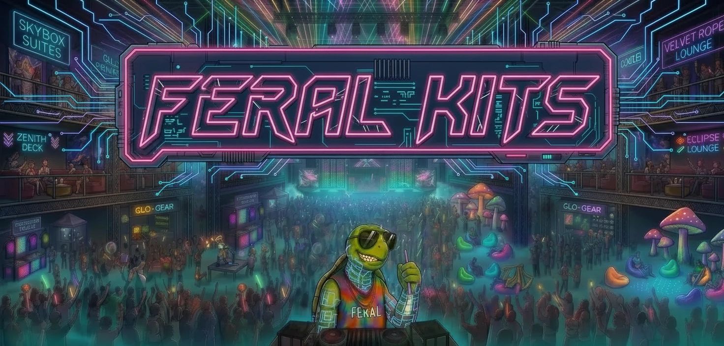 Feral Kits — cyberpunk rave venue with DJ turtle mascot and neon FERAL KITS sign