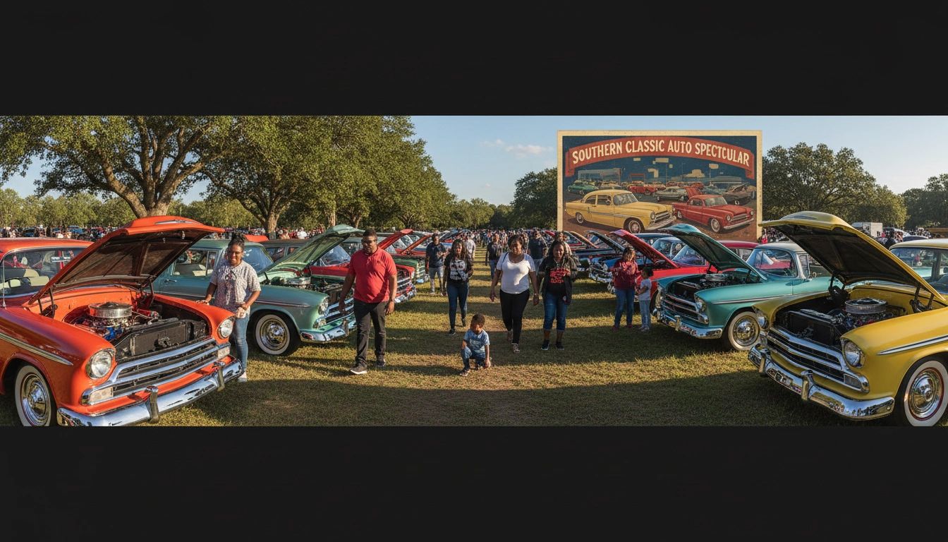 Diverse community enjoying the Flint River Blues Car Show — classic cars and trucks on display at the VFW Hall, Albany, Georgia