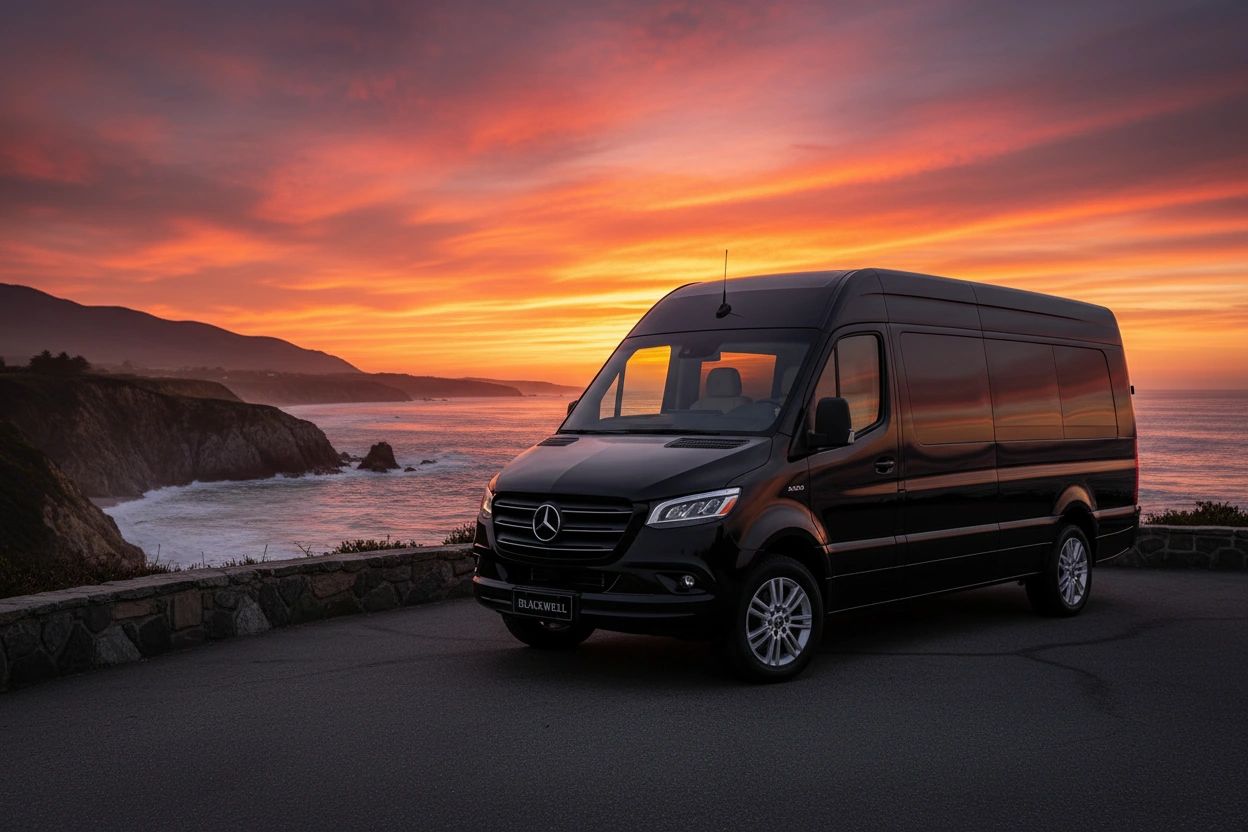 Blackwell Sprinter van on Pacific Coast Highway at sunset