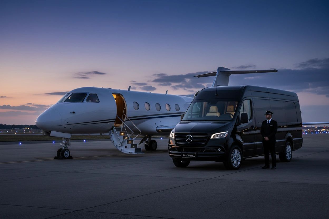 Blackwell Sprinter van on private aviation tarmac beside a private jet